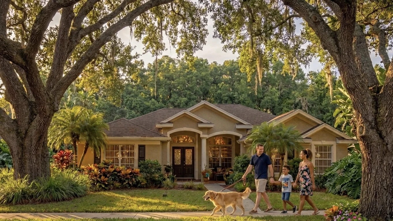Family walking in front of a Florida home at golden hour — Pallas Growth buys houses for cash in any condition